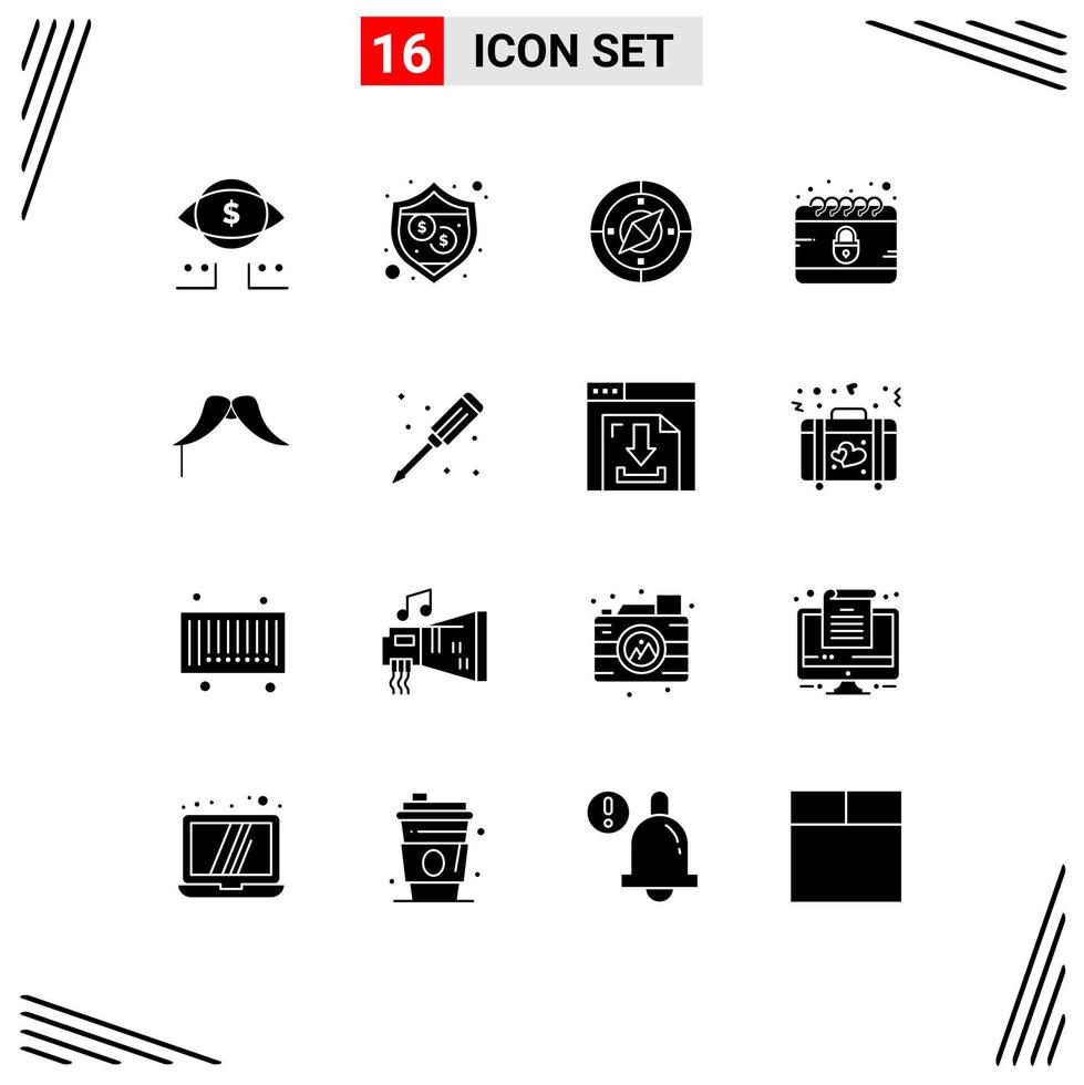 Modern Set of 16 Solid Glyphs and symbols such as movember moustache navigator internet crime Editable Vector Design Elements