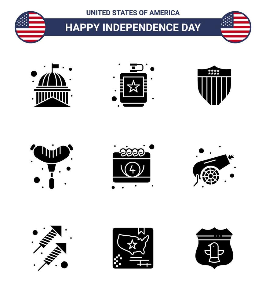 USA Independence Day Solid Glyph Set of 9 USA Pictograms of american frankfurter hip food seurity Editable USA Day Vector Design Elements