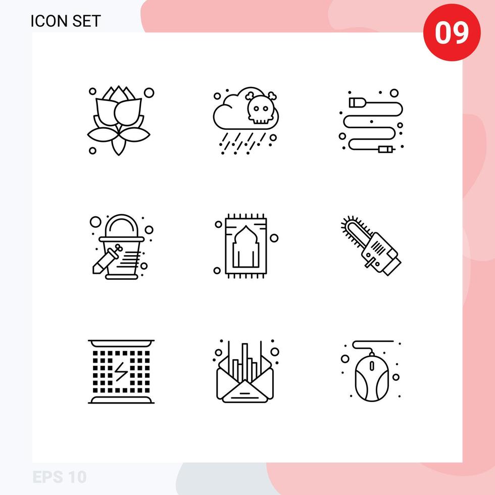 User Interface Pack of 9 Basic Outlines of saw pray usb rug carpet Editable Vector Design Elements