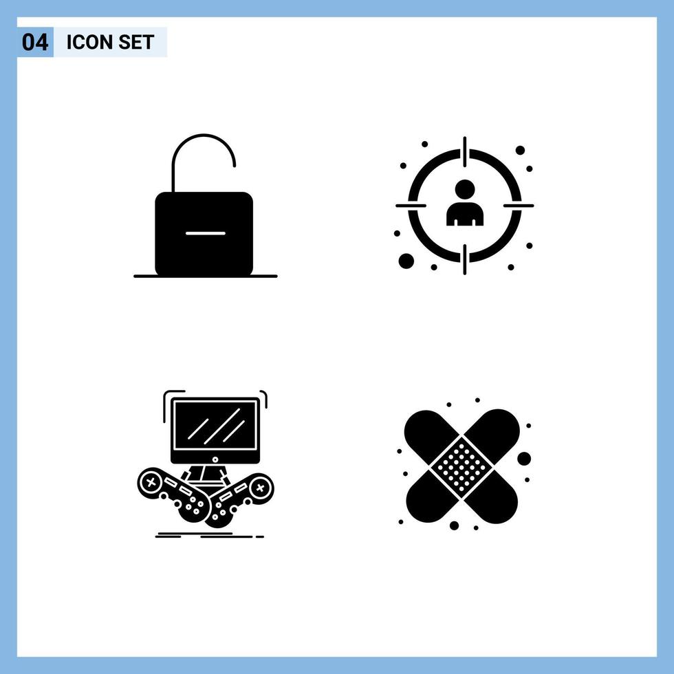 Group of 4 Modern Solid Glyphs Set for lock goal security manager gaming Editable Vector Design Elements