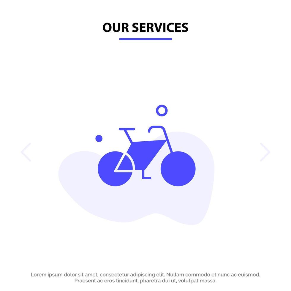 nuestros servicios bicicleta bicicleta ciclo primavera glifo sólido icono plantilla de tarjeta web vector