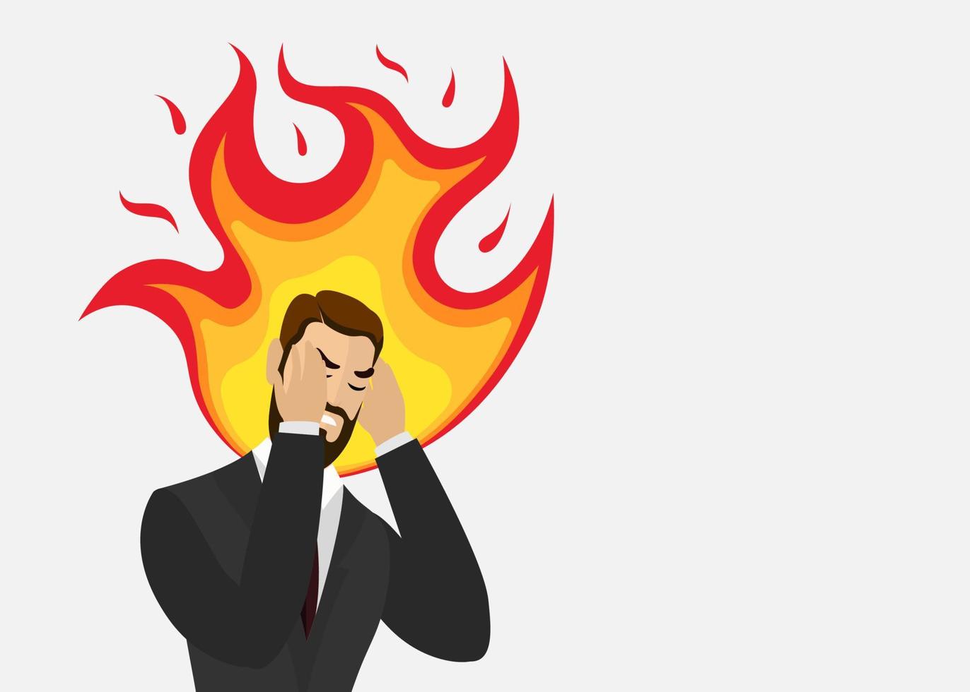 Angry man with head on fire. Stressed furious businessman with burning brain. Exhausted sick tired male manager with mental disorder burnout and overwork. Annoyed person illustration concept. Vector