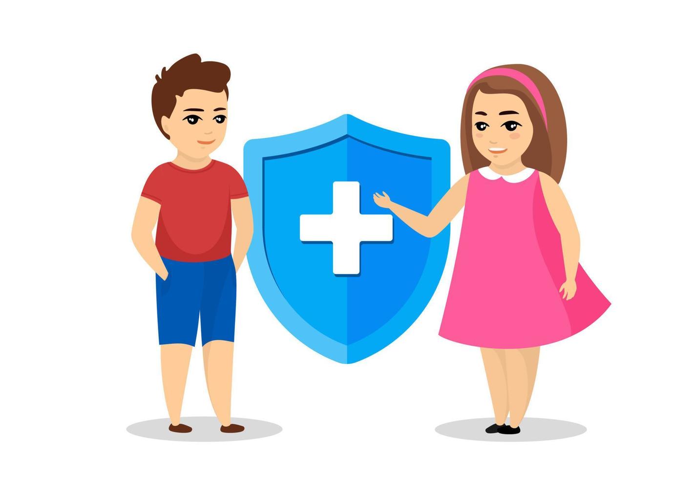 Children life and health insurance banner concept. Boy and girl near protection shield with medical symbol. Kids medical support. Child healthcare vector eps illustration