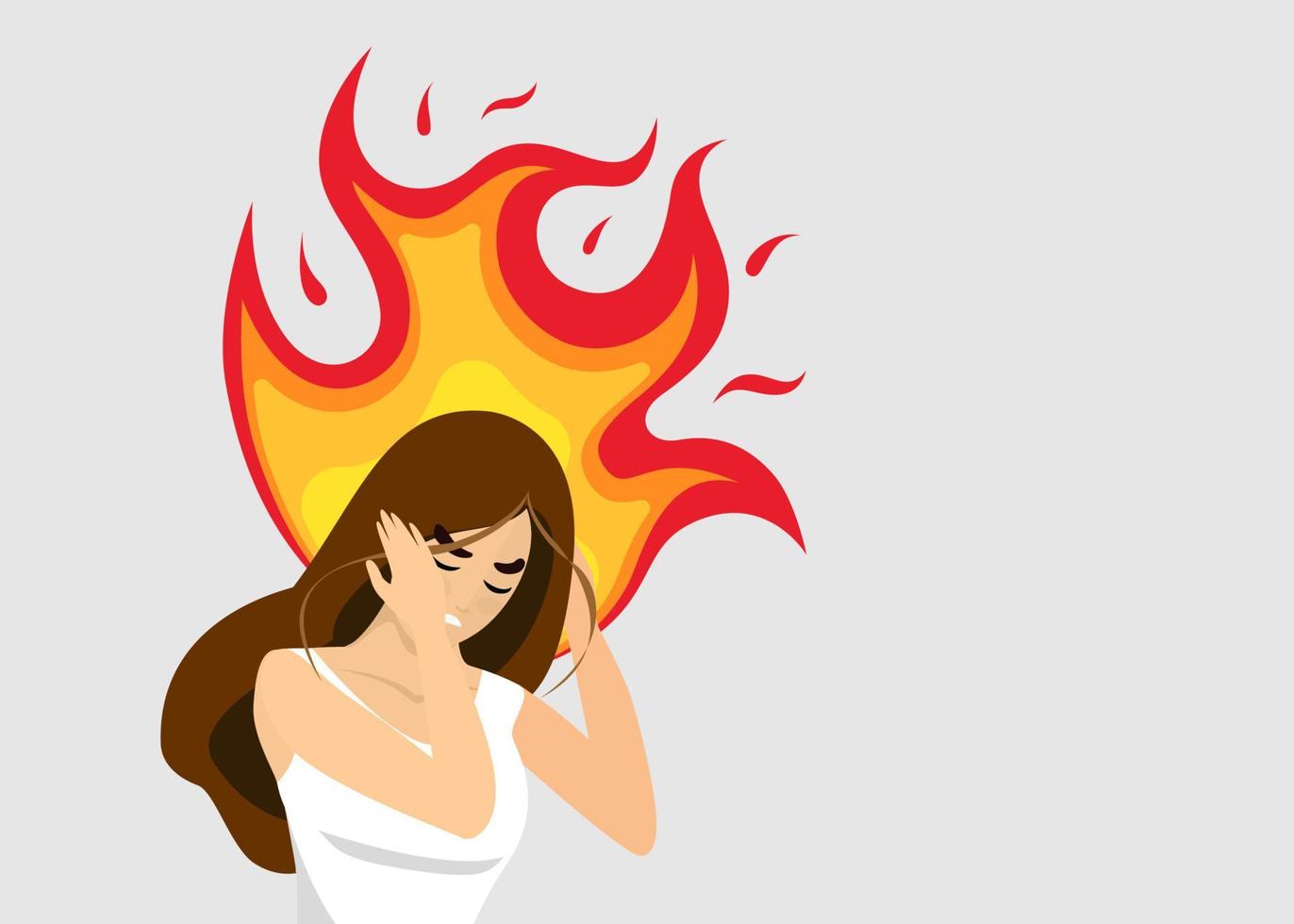 Angry woman with head on fire. Stressed furious businesswoman with burning brain. Exhausted sick tired female manager with mental disorder burnout and overwork. Annoyed person illustration concept EPS vector