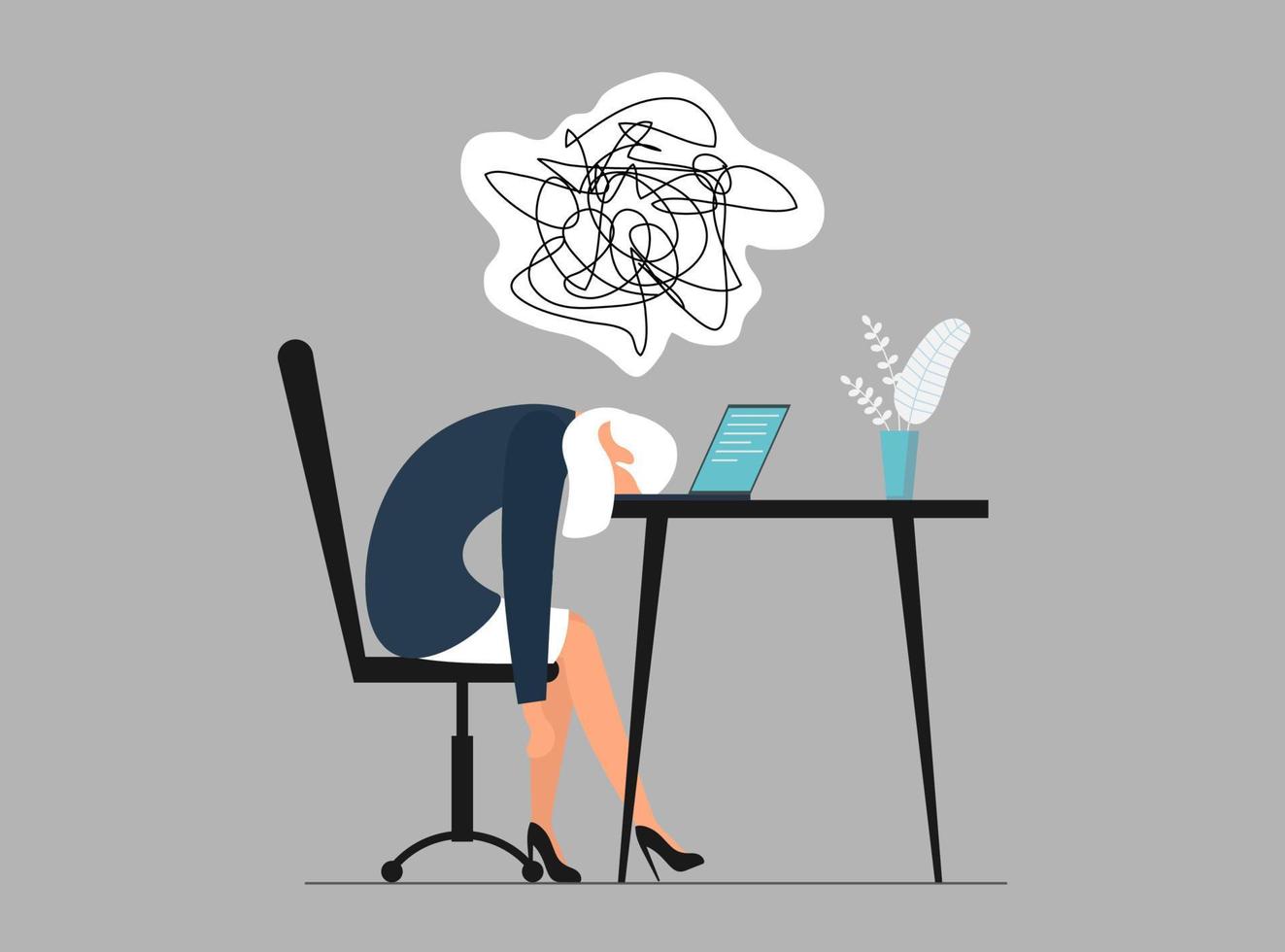 Professional burnout at work and chaos in head. Tired and overworked woman manager at office workplace lies face down on laptop. Frustrated worker mental health problems. Vector eps illustration