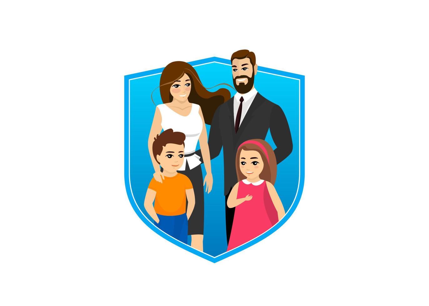 Big happy family in blue protection shield. Life and health care insurance symbol concept. Cute parents with children safety healthcare. Vector eps illustration