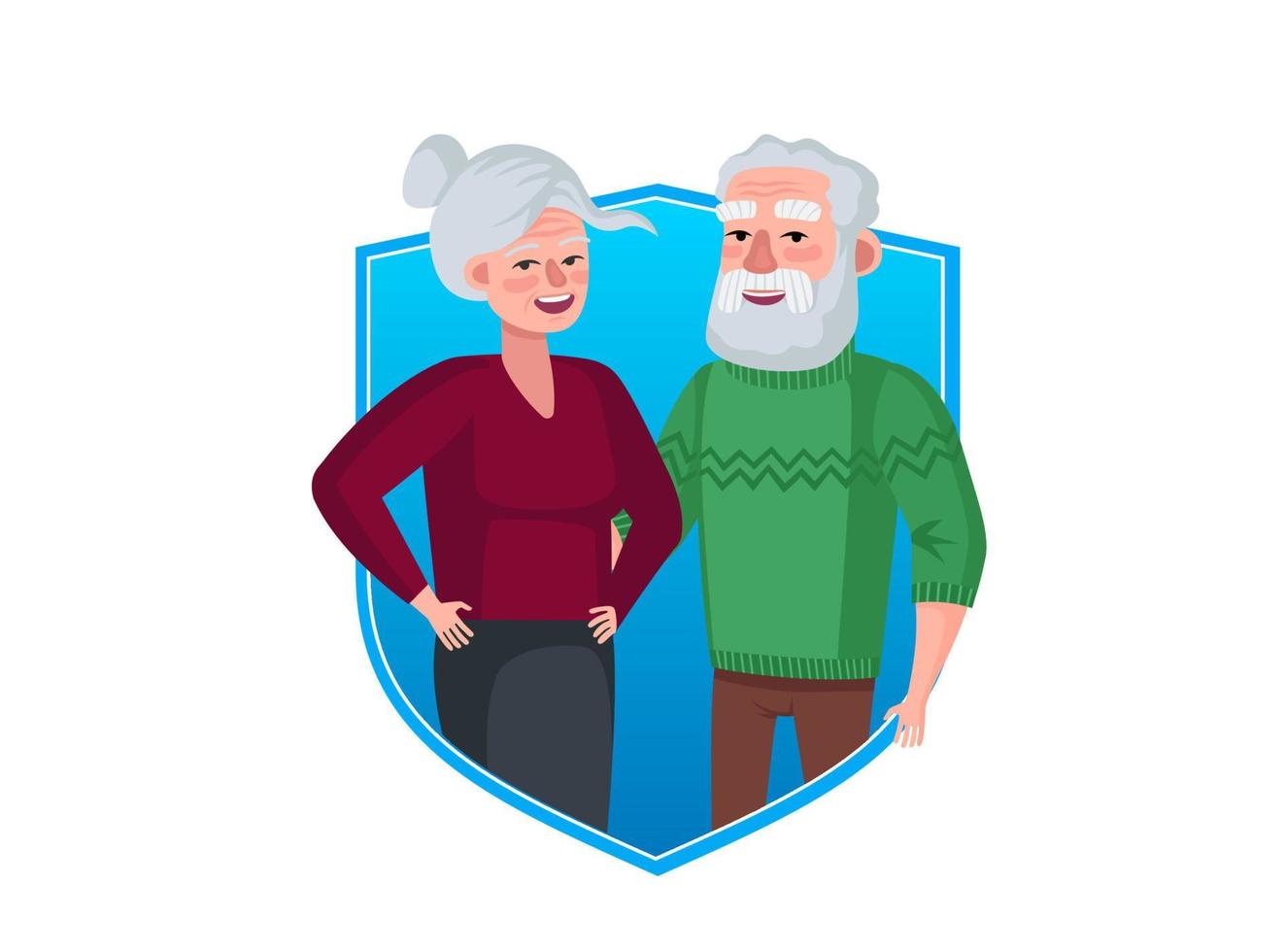 Senior couple in blue protection shield. Elderly life and health care insurance symbol concept. Grandparents safety healthcare. Old people security vector eps illustration