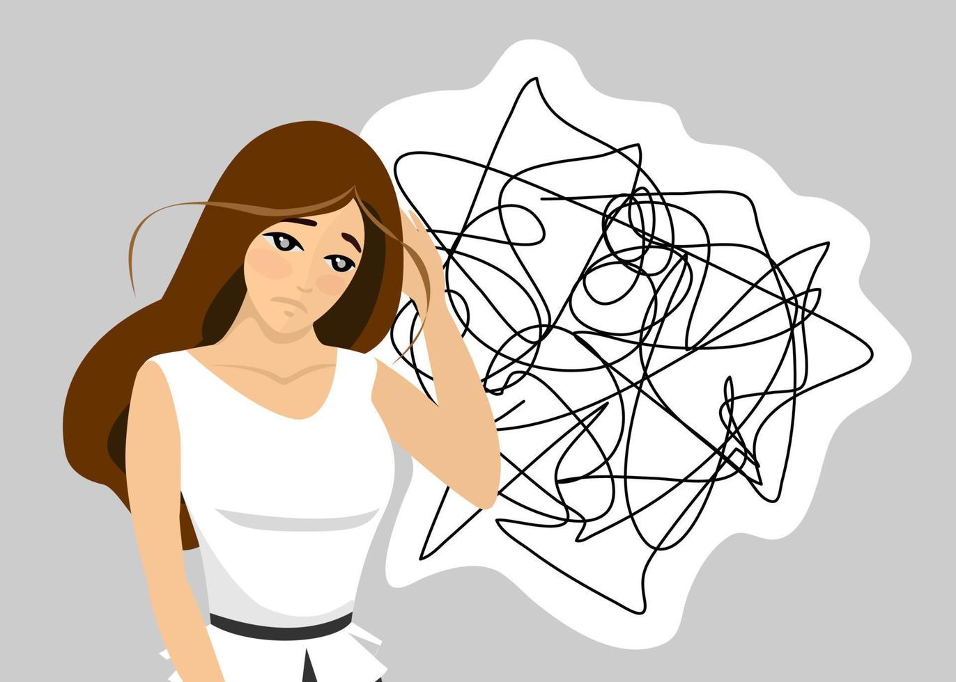 Overthinking bearded businesswoman with tangled line negative chaotic thought process concept. Tired woman with emotional and physical burnout and mess in head. Confusion and depression. Vector eps