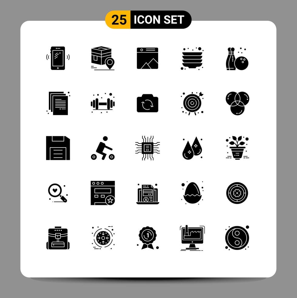 Pack of 25 creative Solid Glyphs of bowling plate map kitchen gallery Editable Vector Design Elements