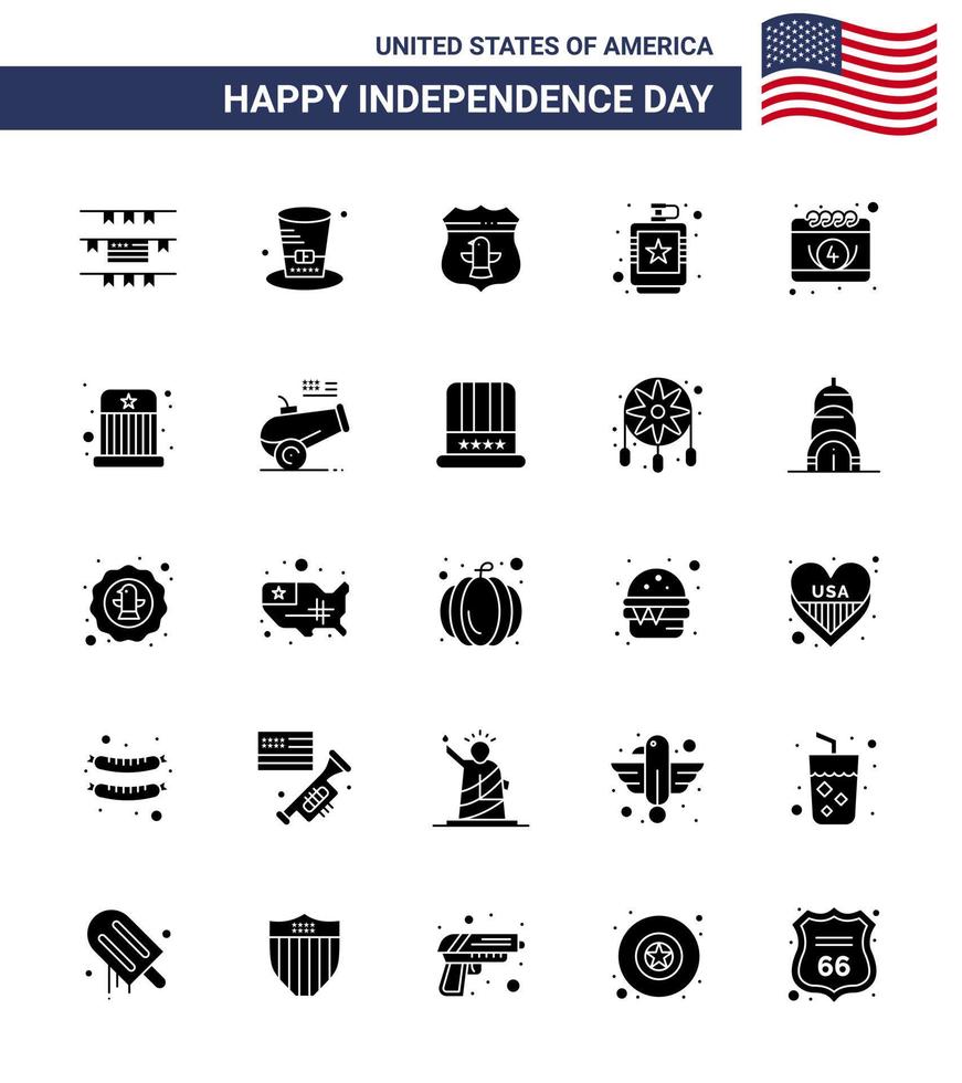 Set of 25 Modern Solid Glyph pack on USA Independence Day calendar liquid usa hip drink Editable USA Day Vector Design Elements