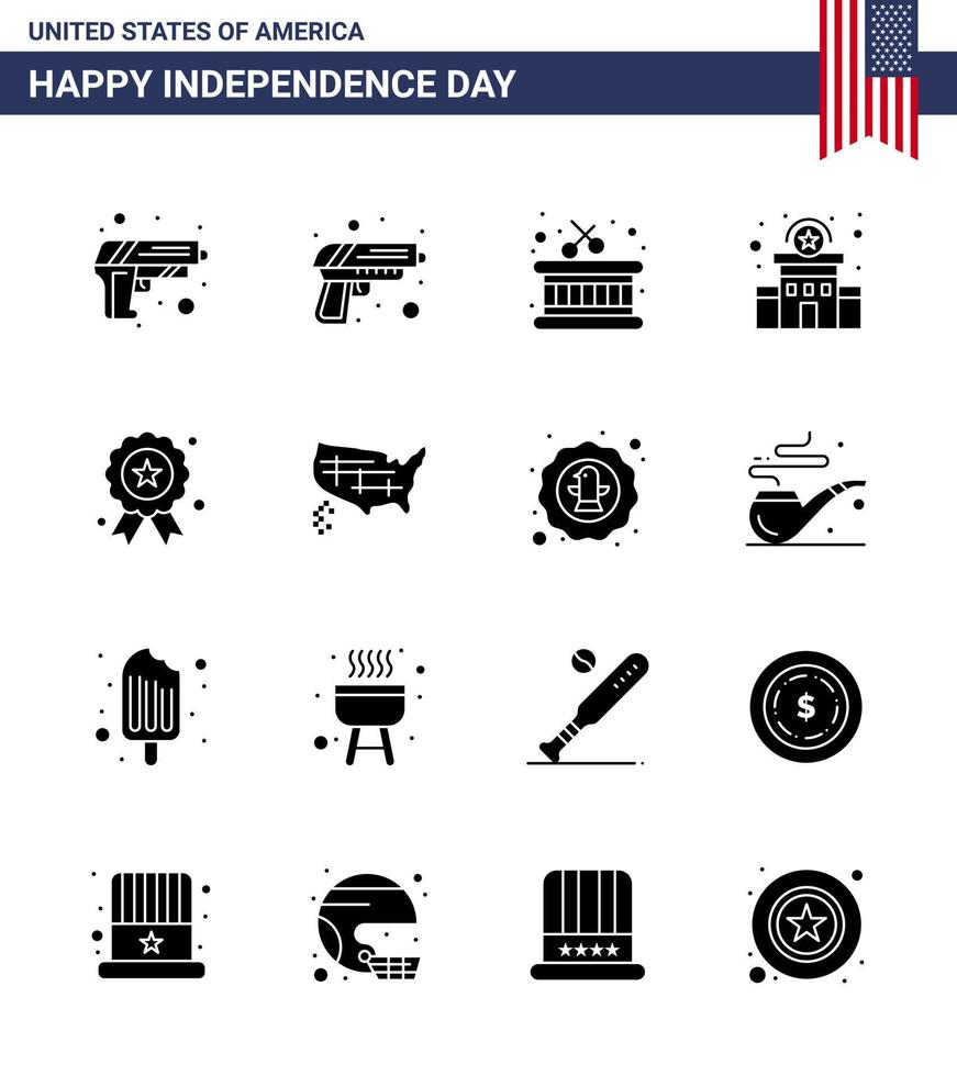 Pack of 16 creative USA Independence Day related Solid Glyphs of united map police medal independece Editable USA Day Vector Design Elements