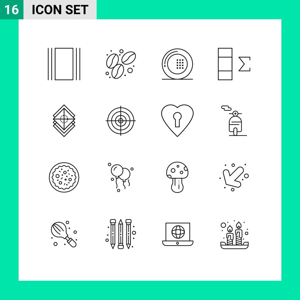 paquete de 16 signos y símbolos de contornos modernos para medios de impresión web, como capas, organización de bebidas, columna de resumen, elementos de diseño de vectores editables
