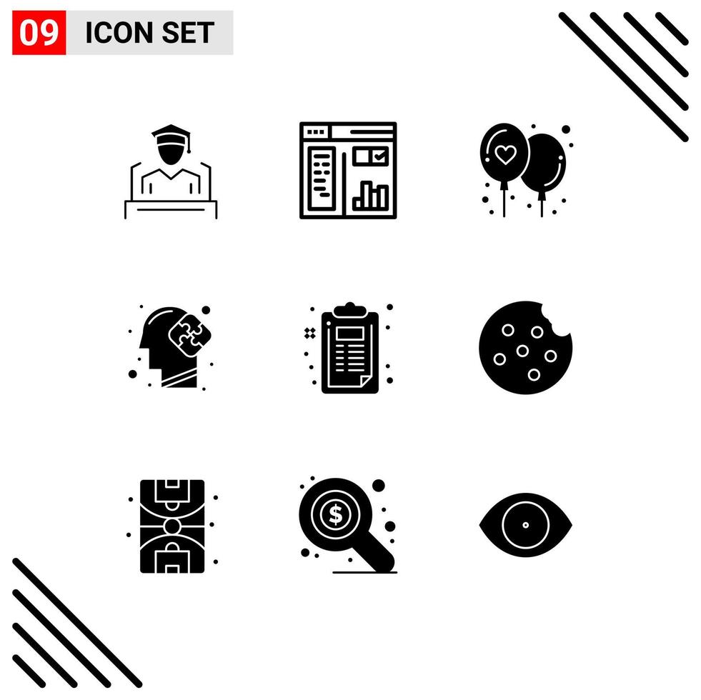 Pack of 9 creative Solid Glyphs of creative checklist affection puzzle mind Editable Vector Design Elements