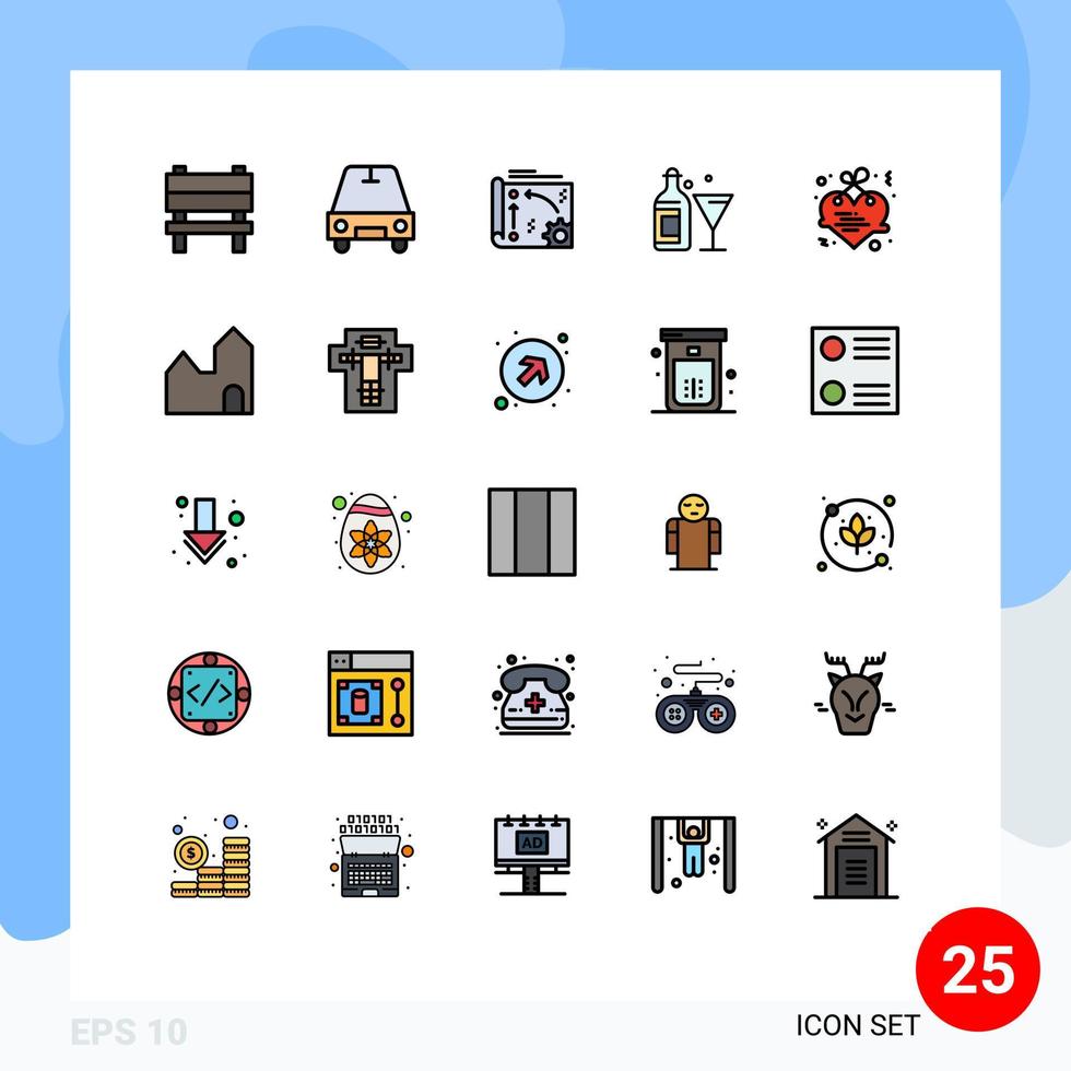 paquete de 25 modernos signos y símbolos de colores planos de línea rellena para medios de impresión web, como elementos de diseño de vectores editables de cristal de botella de automatización de vino de corazón