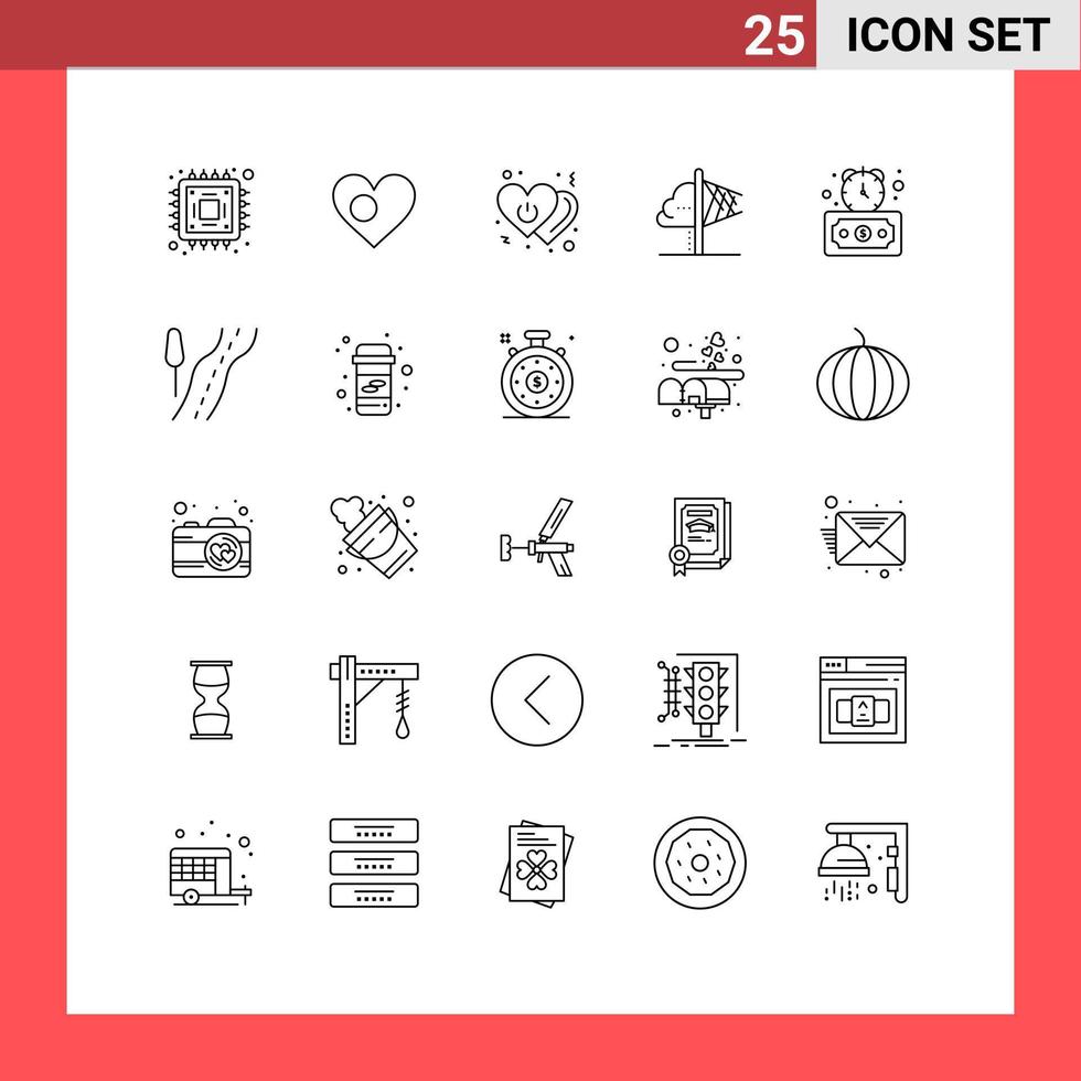Pack of 25 Modern Lines Signs and Symbols for Web Print Media such as inspiration imagination heart idea switch Editable Vector Design Elements