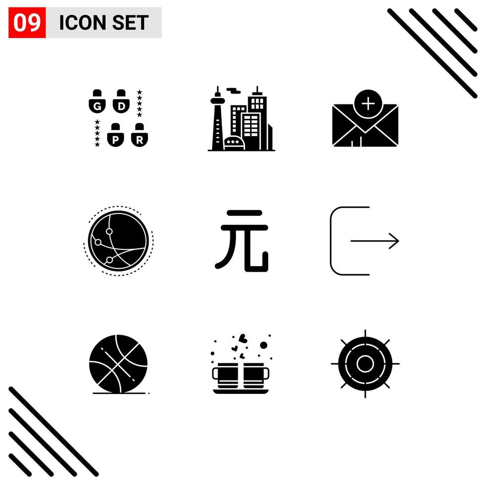 Pack of 9 creative Solid Glyphs of yuan currency chat network connection Editable Vector Design Elements