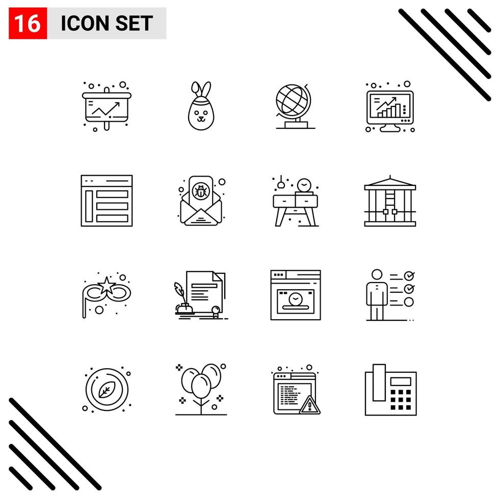 Set of 16 Modern UI Icons Symbols Signs for communication poll world graph grow Editable Vector Design Elements