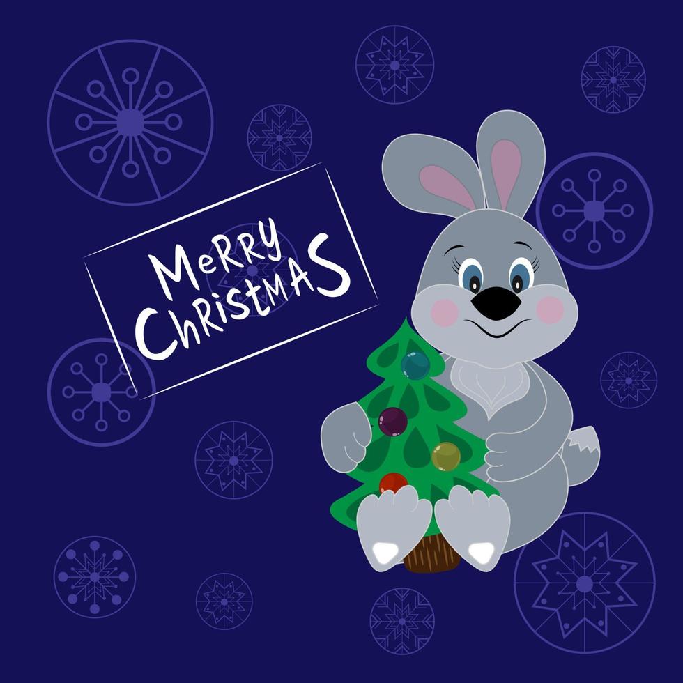 Christmas card with a rabbit and a Christmas tree vector