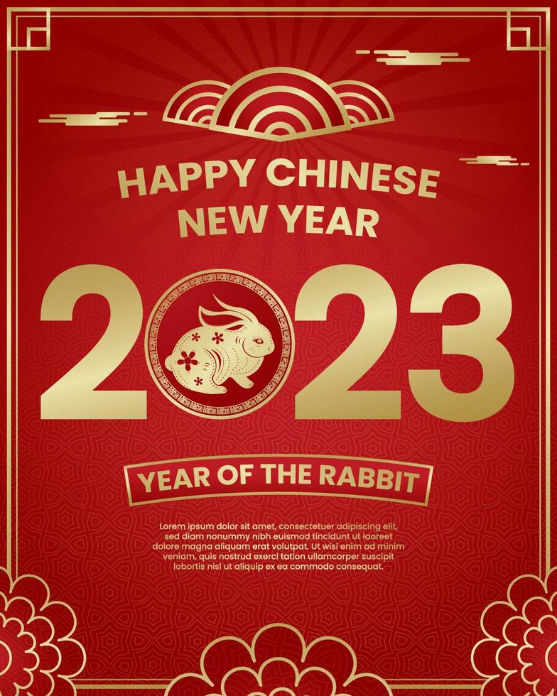 feliz año nuevo chino 2023, año del conejo con linterna tradicional y resumen dorado usado para plantilla, pancarta, tarjeta de saludo. vector
