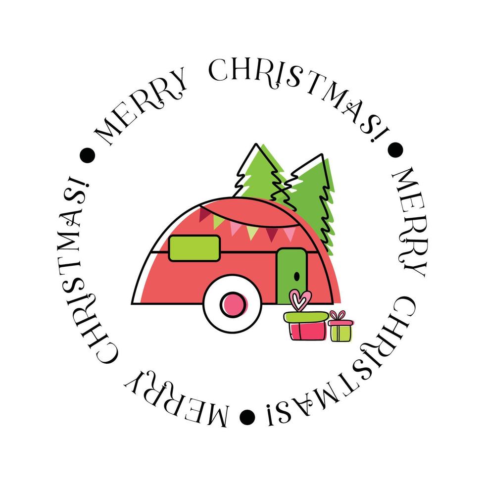 Christmas camper with christmas tree. Cute vintage vector illustration. Travel trailer in Winter bunner. Christmas element for  posters, card.