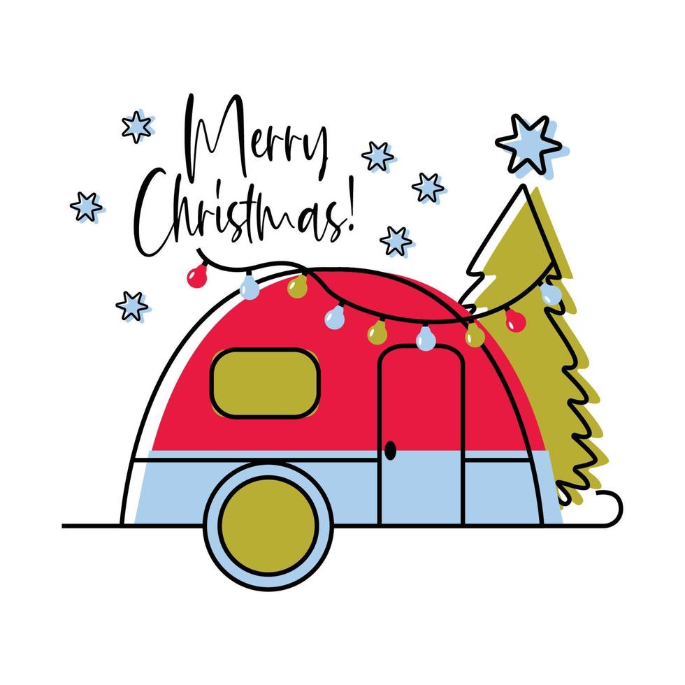 Christmas camper with christmas tree. Cute vintage vector illustration. Travel trailer in Winter bunner. Christmas element for  posters, card.