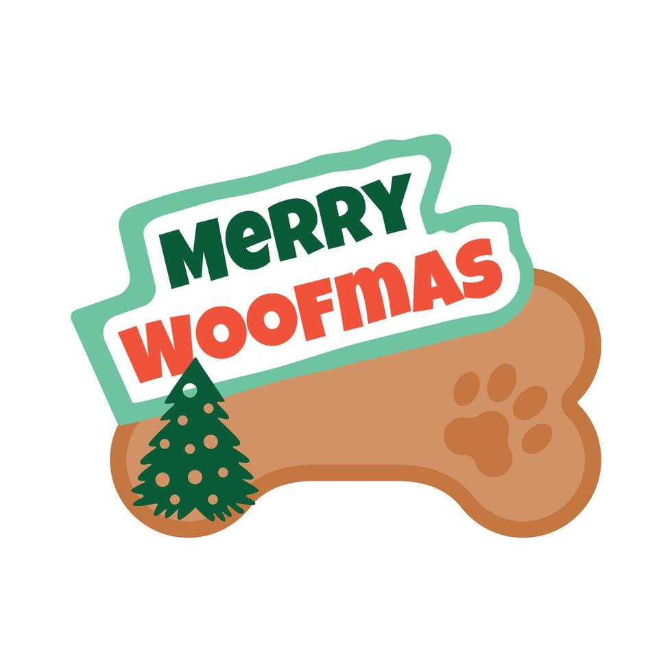 Merry Woofmas, celebration humoring quote. Holiday Christmas badge vector flat illustration. Element for tshirt print, poster, greeting card, banner, and gift design.