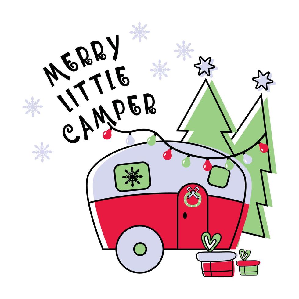 Christmas camper with christmas tree. Cute vintage vector illustration. Travel trailer in Winter bunner. Christmas element for  posters, card.