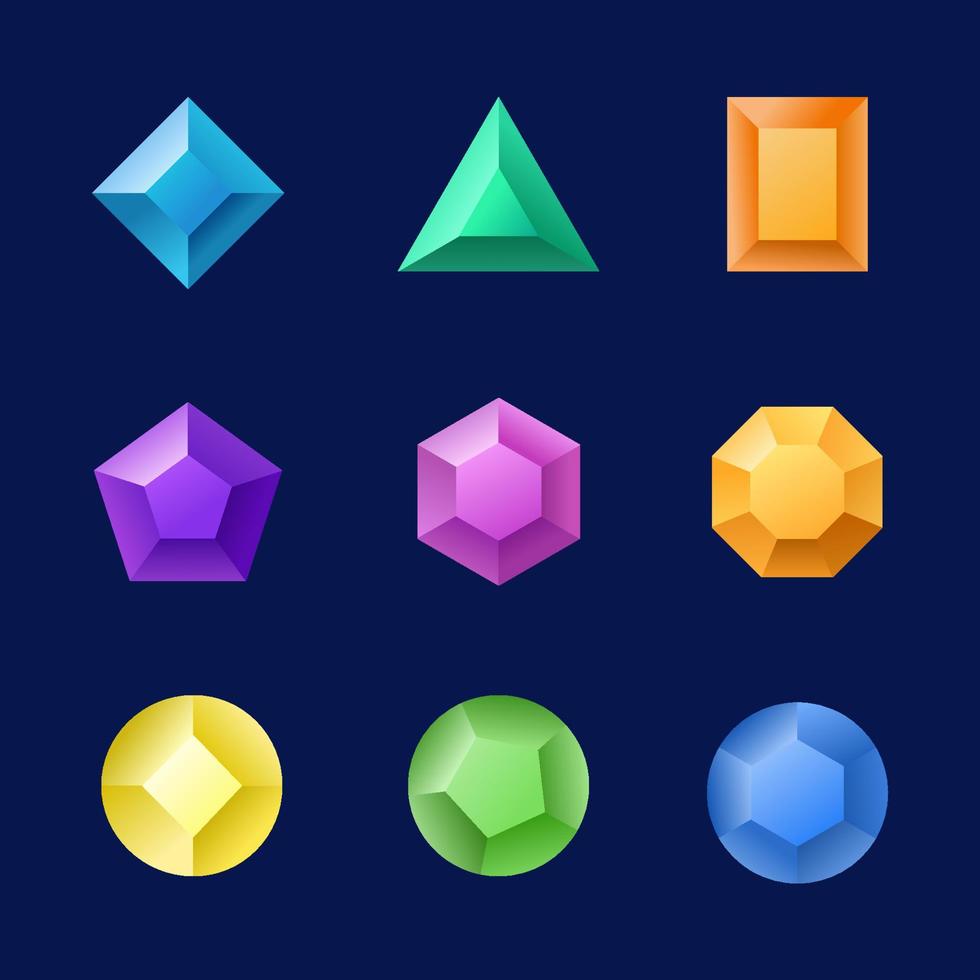 Multicolor gems. Set of isolated vector cartoon jewels, magic stones and crystals. Concept of GUI and game achievements.