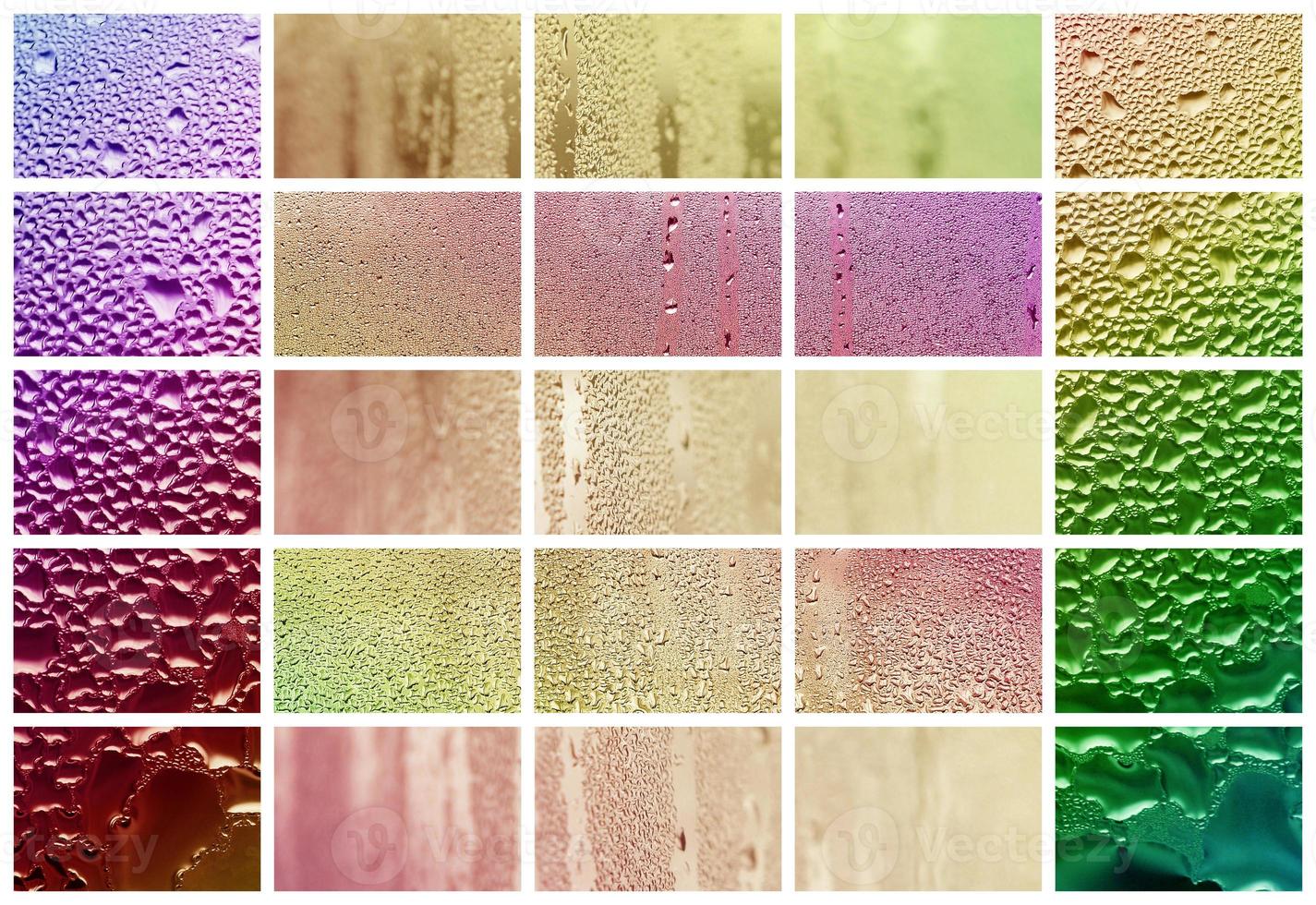 A collage of many different fragments of glass, decorated with rain drops from the condensate. Autumn tone with red, yellow and green colors photo