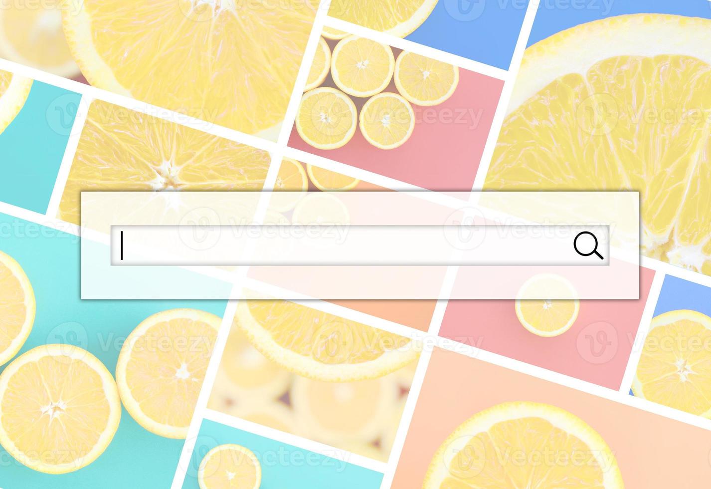 Visualization of the search bar on the background of a collage of many pictures with juicy oranges. Set of images with fruits on backgrounds of different colors photo