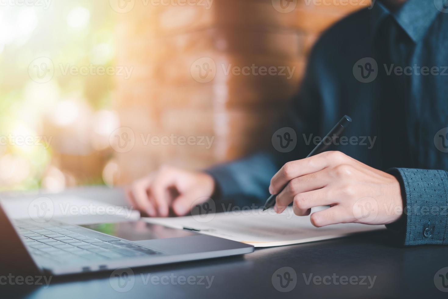 Businessmen analyze market reports, managing business and financial strategies, professional analysts view investment information, consulting and presentations,Management of business documents photo