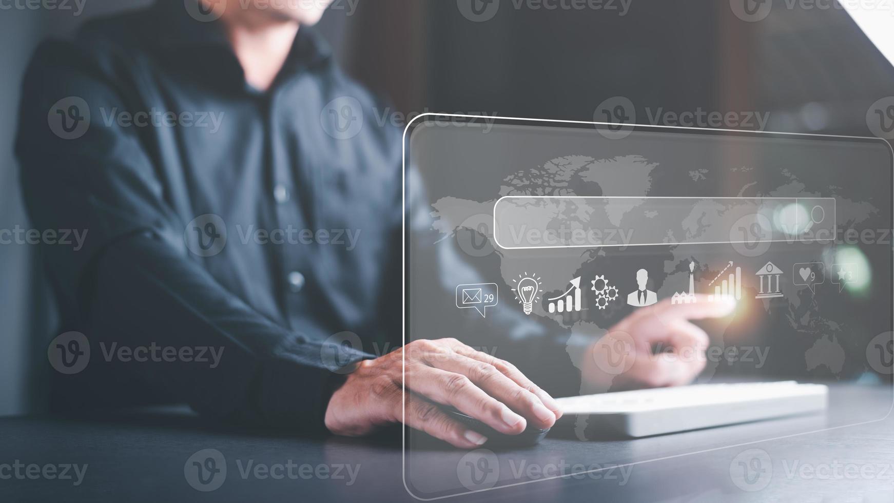A young man searches for information that interests him through online websites, keyword search concept to find information from online websites, website link search, SEO, Search Engine Optimization. photo