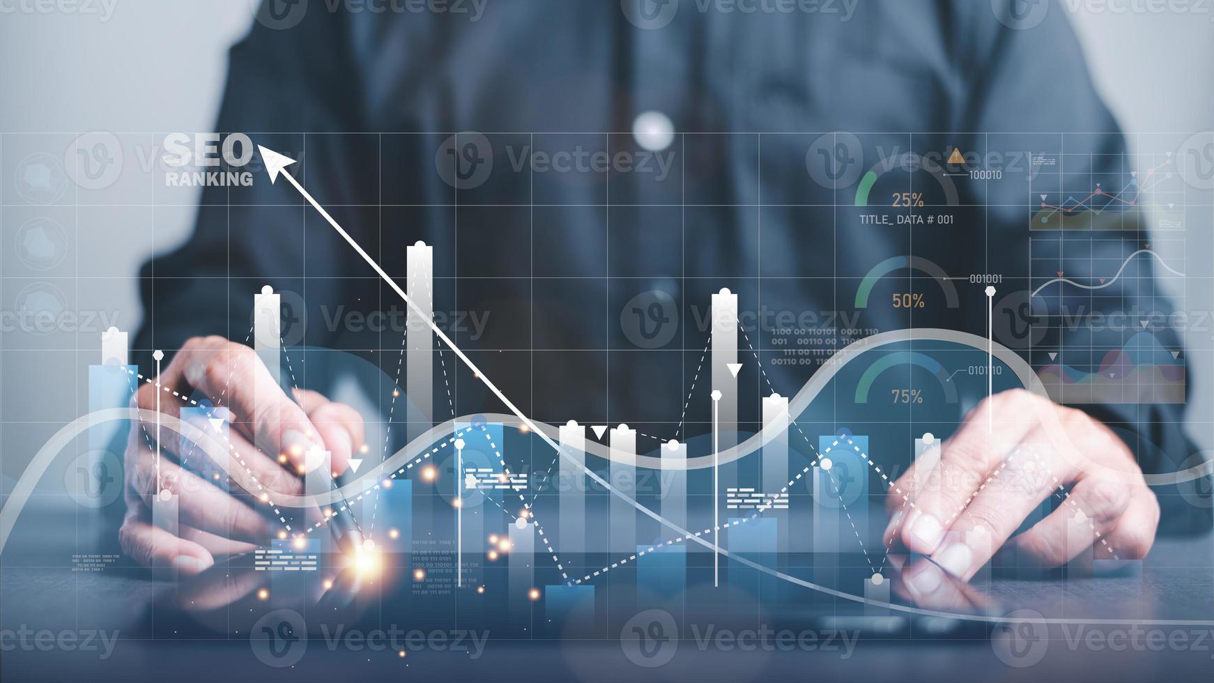 A marketer holds a pen pointing to a graph and shows SEO concepts, optimization analysis tools, search engine rankings, social media sites based on results analysis data. photo