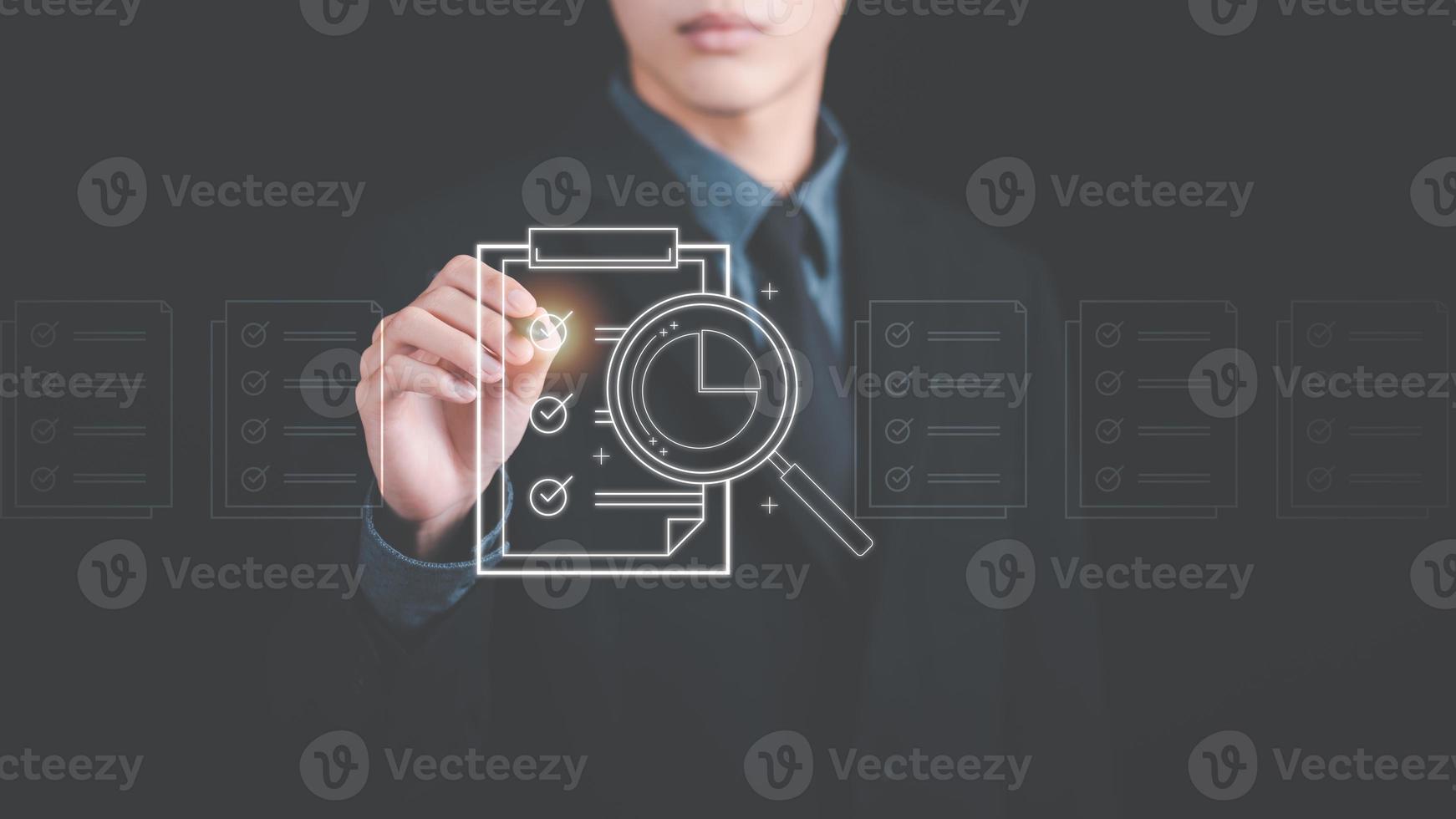 Businessman ticks and checks documents online , concept of rules of conduct, rules and policies, company articles of association. Terms and Conditions,process automation to efficiently manage files, photo