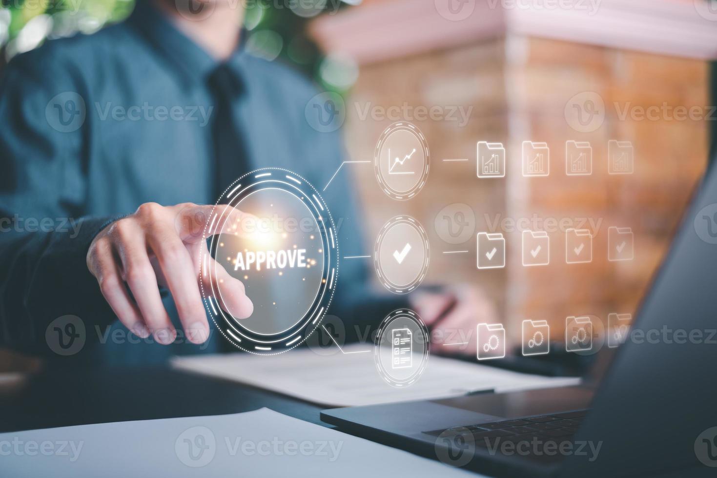 business people check and manage business document files online, for approval,deal concept and signing business contracts Approval of contract documents or warranty certificate accurate quality photo