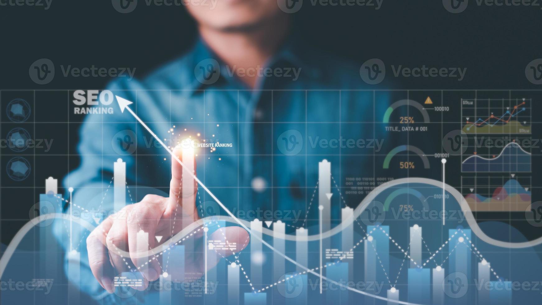 Marketer pointing to graph and showing concept SEO Optimization Analyzer search engine ranking Social media sites based on results analytics data. photo