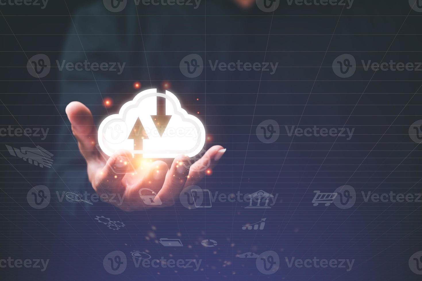 Cloud computing concept,Digital network data connection technology, modern communication with information technology,innovative online backup.with highly secure protection,icon in the hands of a man photo