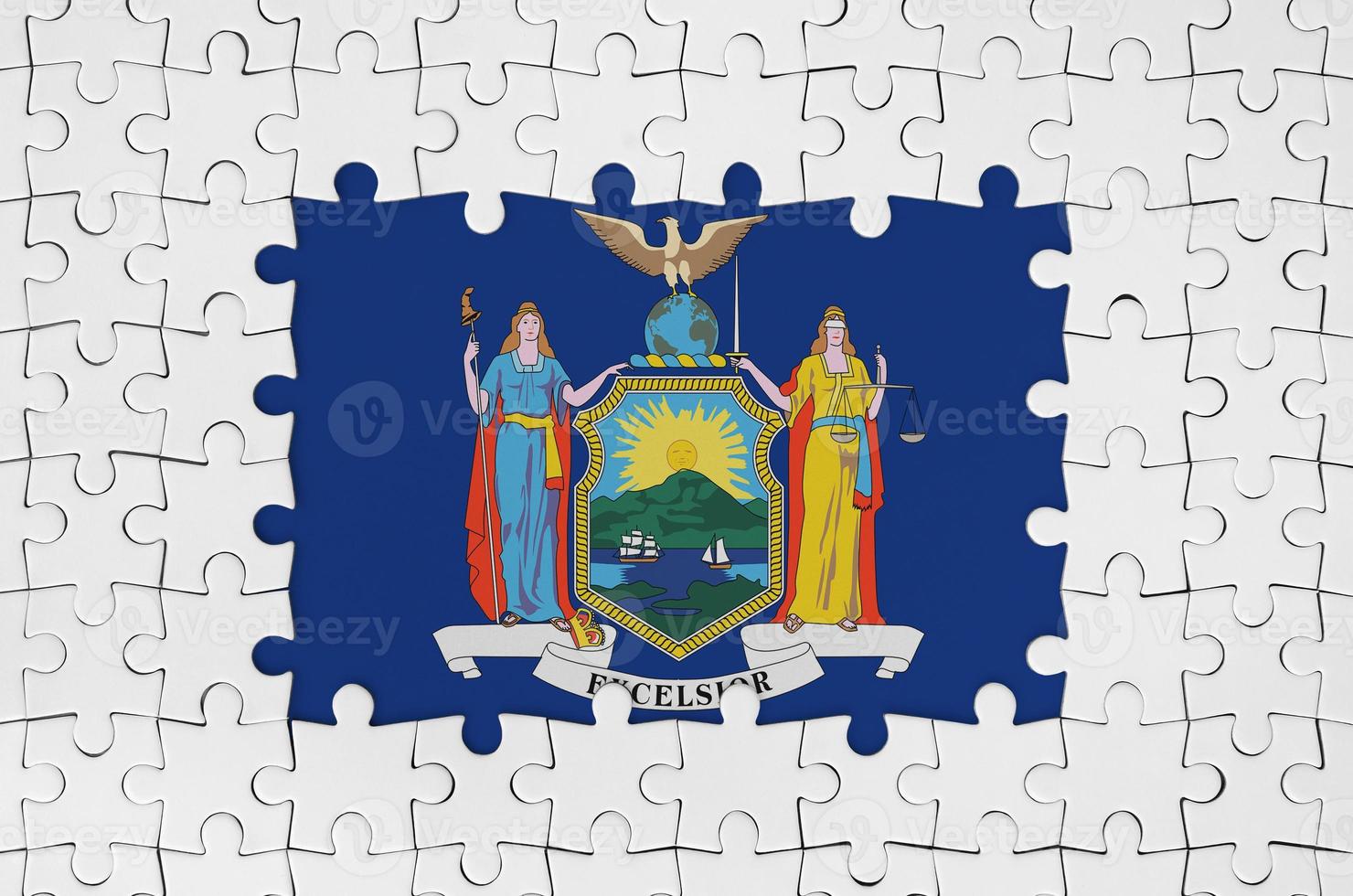 New York US state flag in frame of white puzzle pieces with missing central part photo