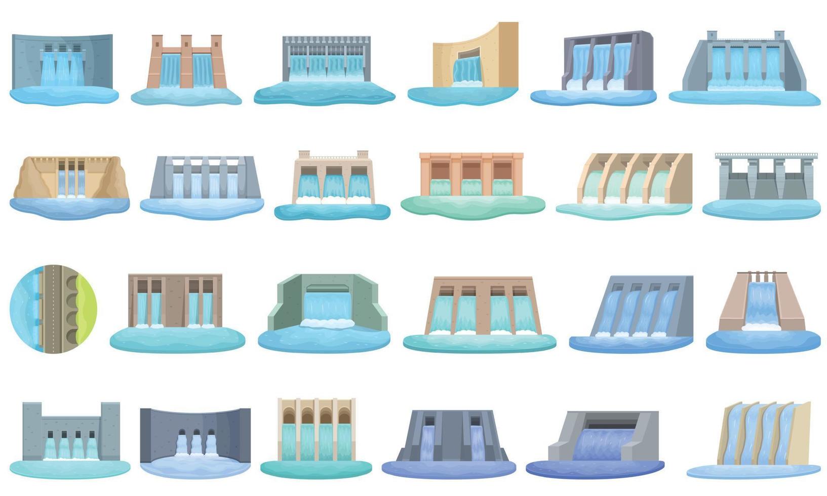 los iconos de la presa de la central hidroeléctrica establecen un vector de dibujos animados. planta de agua