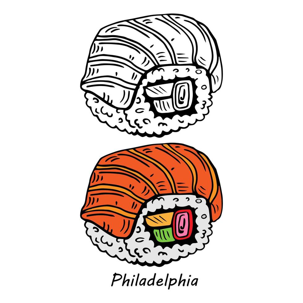 Philadelphia Maki-zushi sushi roll. Japanese cuisine, traditional food icon. Pixel perfect isolated vector illustration