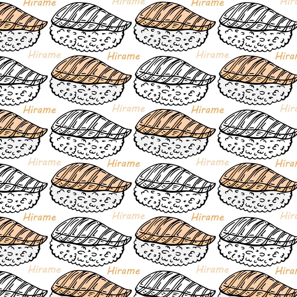pattern of hirame sushi with colored sketch style on white background vector
