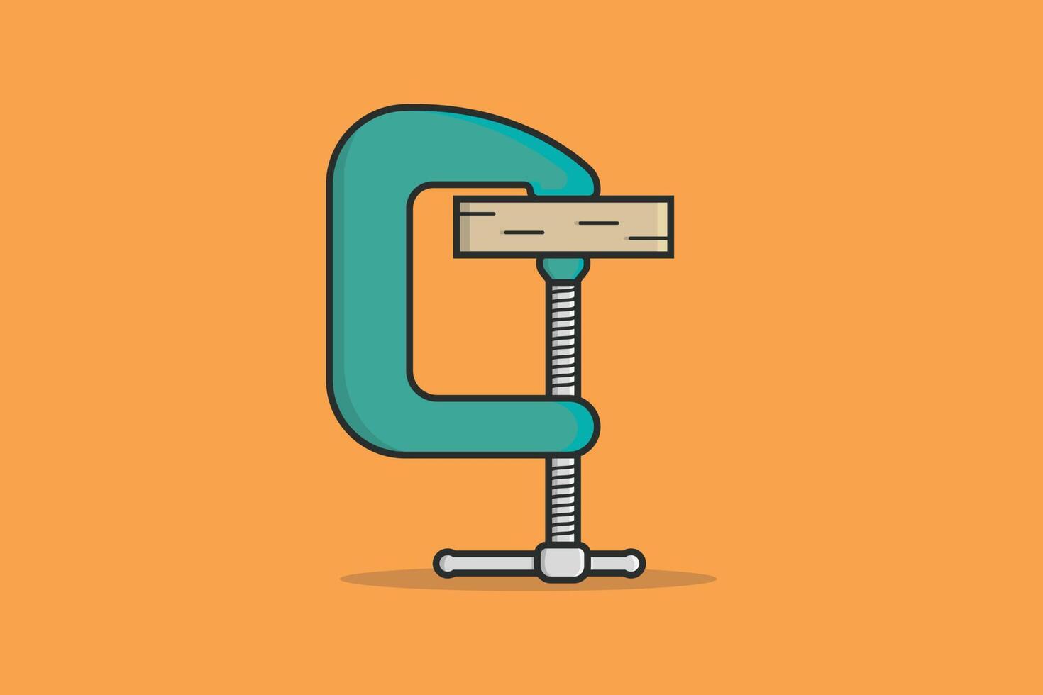 Wooden Piece in Clamp Compression tool vector illustration. Tools object icon concept. Carpenter repairing tool and working tool clamp vector design on orange background.