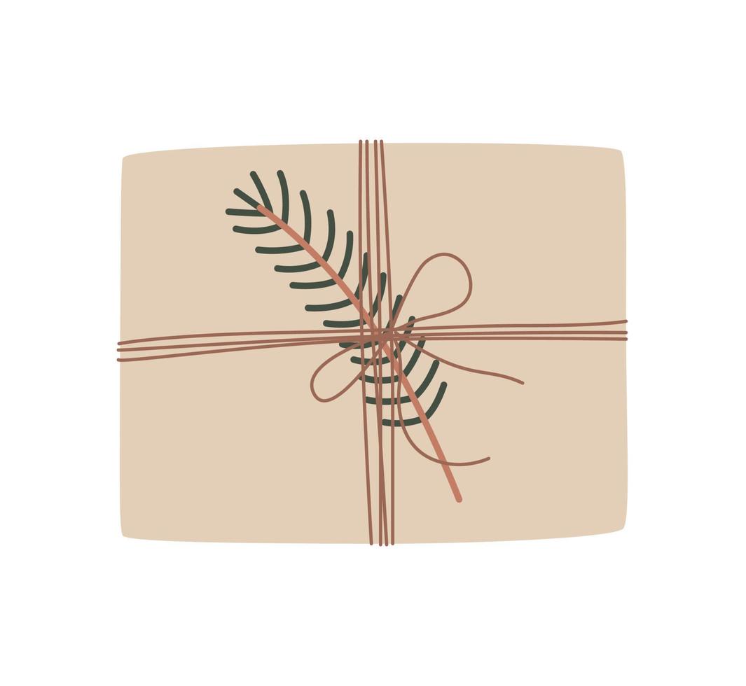Christmas present in kraft paper with wisted rope and fir twig. Rustic gift box. Eco decoration, Xmas and New Year celebration preparation. Vector flat style