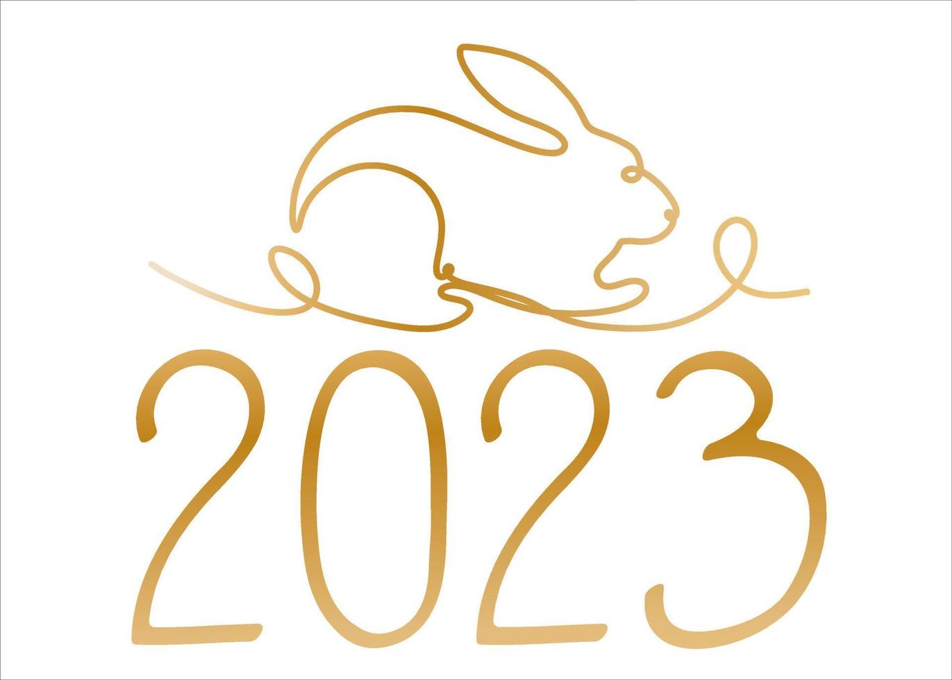 Golden rabbit symbol of the new year in a linear style. Cute rabbit with numbers 2023. Chinese New Year card. Vector holiday illustration.