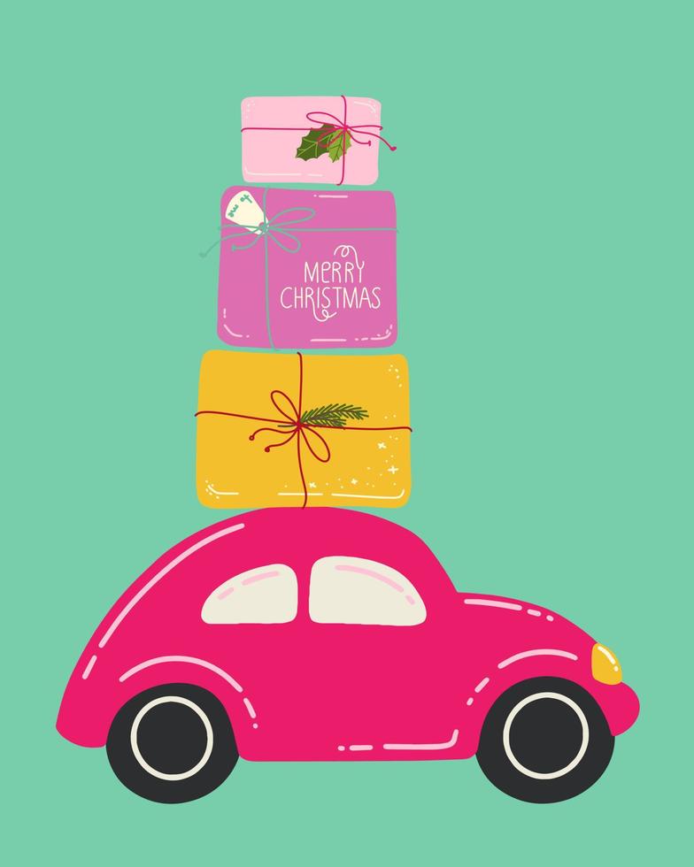 Pink car with gift boxes on the roof. Merry Christmas greetings. Vector illustration for prints, postcards, and invitations. Happy holiday background.
