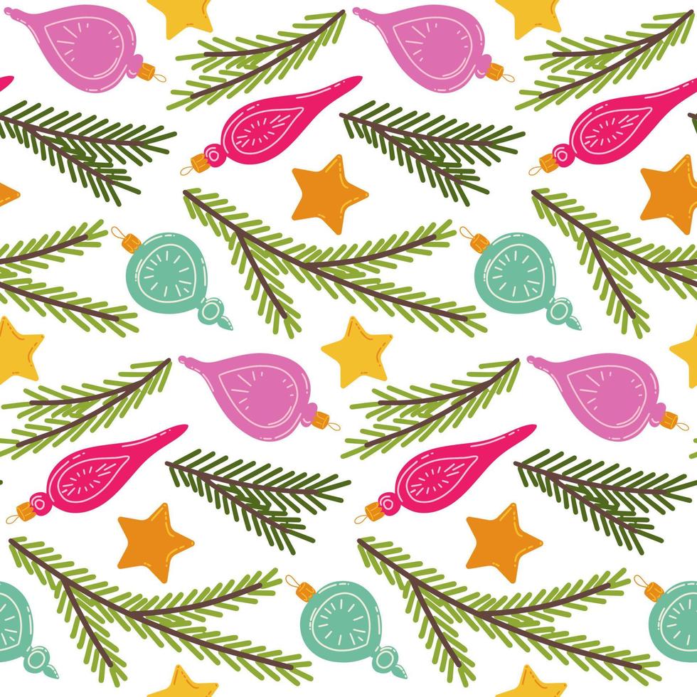 Seamless pattern with colorful Christmas toys, stars and fir branches. Traditional Christmas decoration. Vector illustration for print, backgrounds, wrapping paper and textiles.