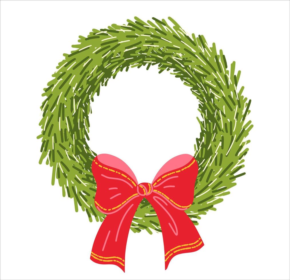 Christmas wreath decorated with a red bow. Festive design element. Vector artistic illustration for postcards, banners and print. Happy holiday background.