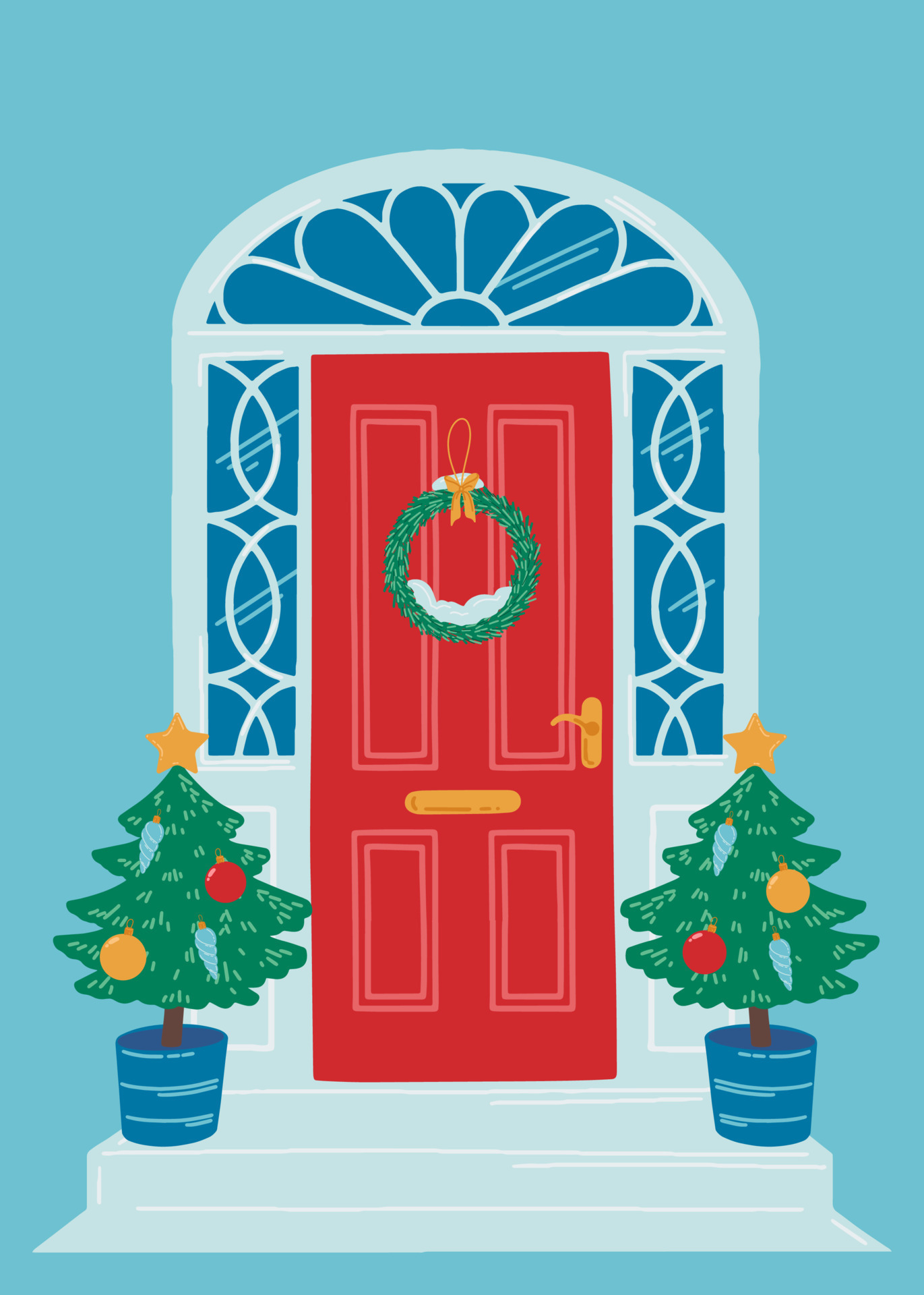 red-christmas-house-door-on-a-blue-background-the-entrance-to-the-house-is-decorated-with