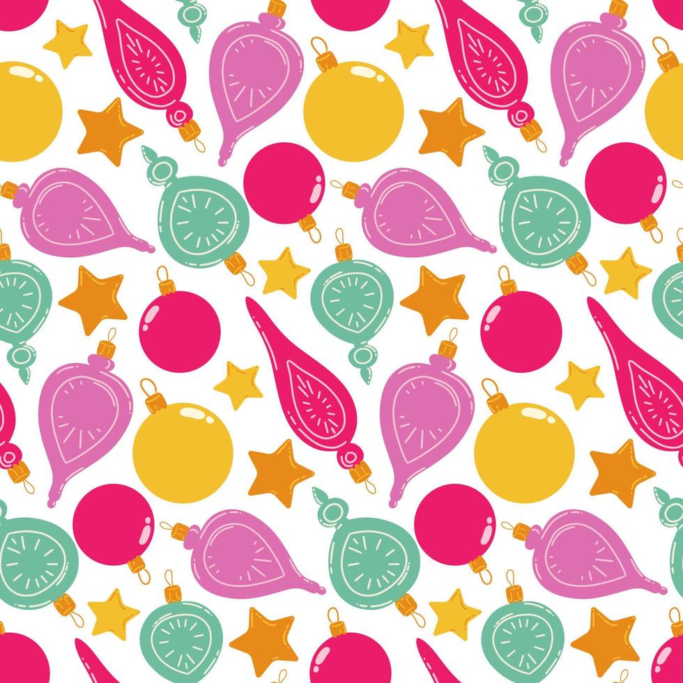 Seamless pattern with colorful Christmas toys and stars. Traditional Christmas decoration. Vector illustration for print, backgrounds, wrapping paper and textiles. Happy holiday background.