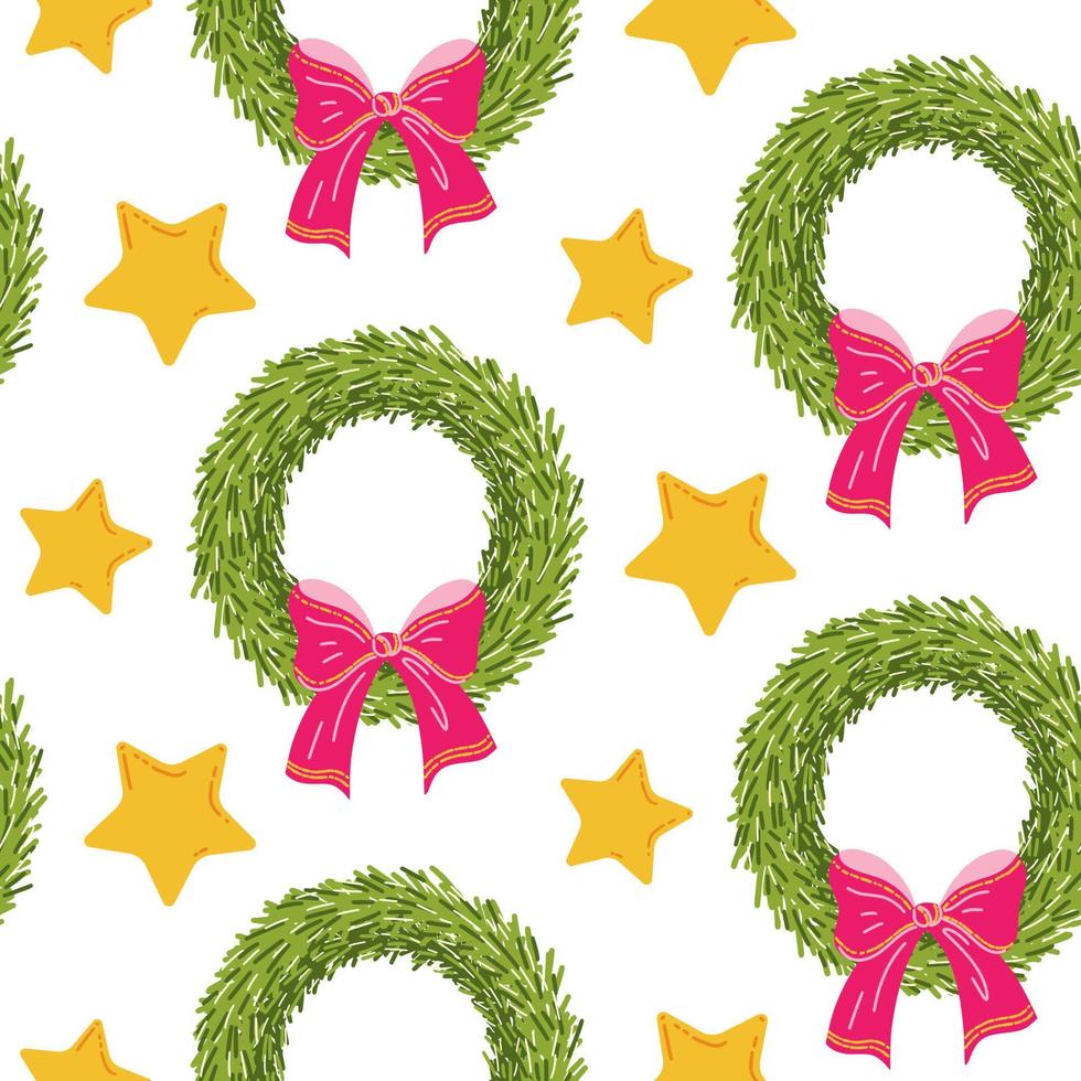 Seamless pattern with Christmas wreaths with pink bow and stars. Traditional Christmas decoration. Vector illustration for print, backgrounds, wrapping paper and textiles. Happy holiday background.